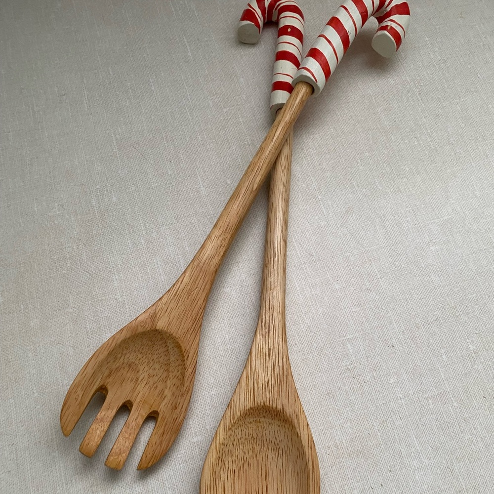 Vintage Christmas Wooden Salad Servers spoons with Candy Cane Handles